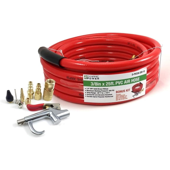 DYNAMIC POWER 3/8 x 25 FT PVC Air Compressor Hose + 10 Pieces Air Compressor Accessories Kit