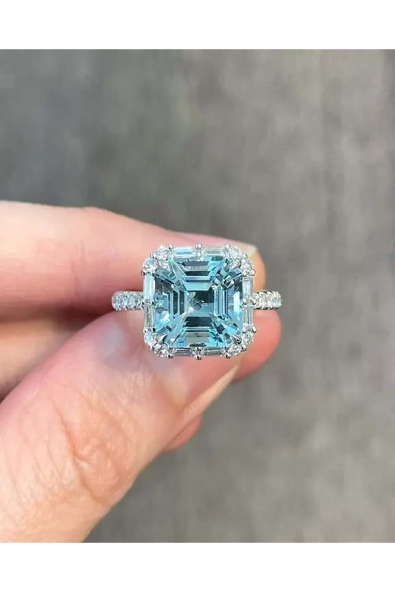 - 4.13 Ct Asscher Cut Natural Certified Aquamarine & Diamond Engagement Ring With Hallmarked 14K Solid White Gold Ring Real Diamond Wedding Gemstone Rings for Proposal Ring