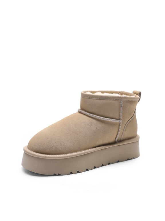 Women's Platform Winter Snow Boots Genuine Suede, Water Resistant Mini Ankle Boots Stable Lightweight Booties Anti-Slip with Memory Foam Outdoor Fuzzy