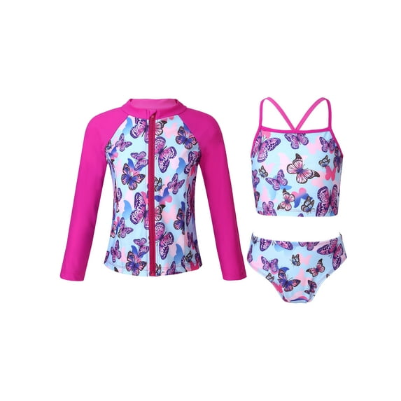 DPIOS Rash Guard Long Sleeve Front Zipper Swimsuit Set (Girl's)