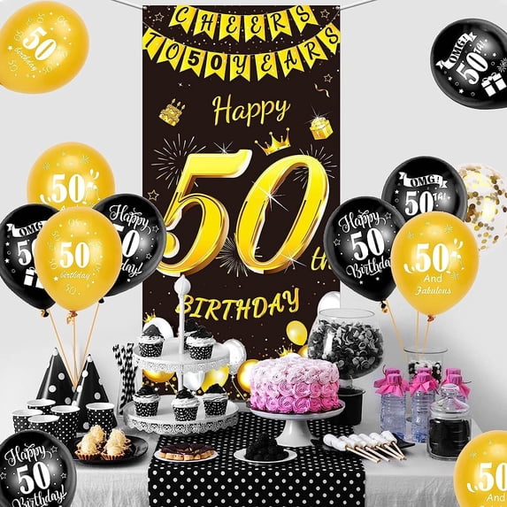 DPKOW Black Gold 50th Birthday Decoration for Men Women, Black Gold 50th Birthday Banner for Backdrop Door Decoration, 50th Birthday Background Banner for Garden Table Wall Decoration, 72.83x35.43inch