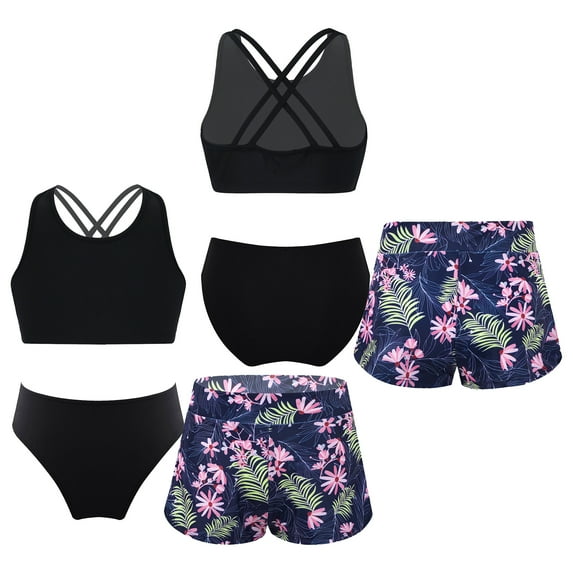 DPOIS 3Pcs Swimwear for Child Girls Bikini Set with Shorts Beachwear Swimsuit Flowers 10