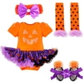 thumbnail image 1 of DPOIS 4Pcs Baby Girls Halloween Romper Bow Headband Leg Warmer Ribbon Shoes Outfits, 1 of 7