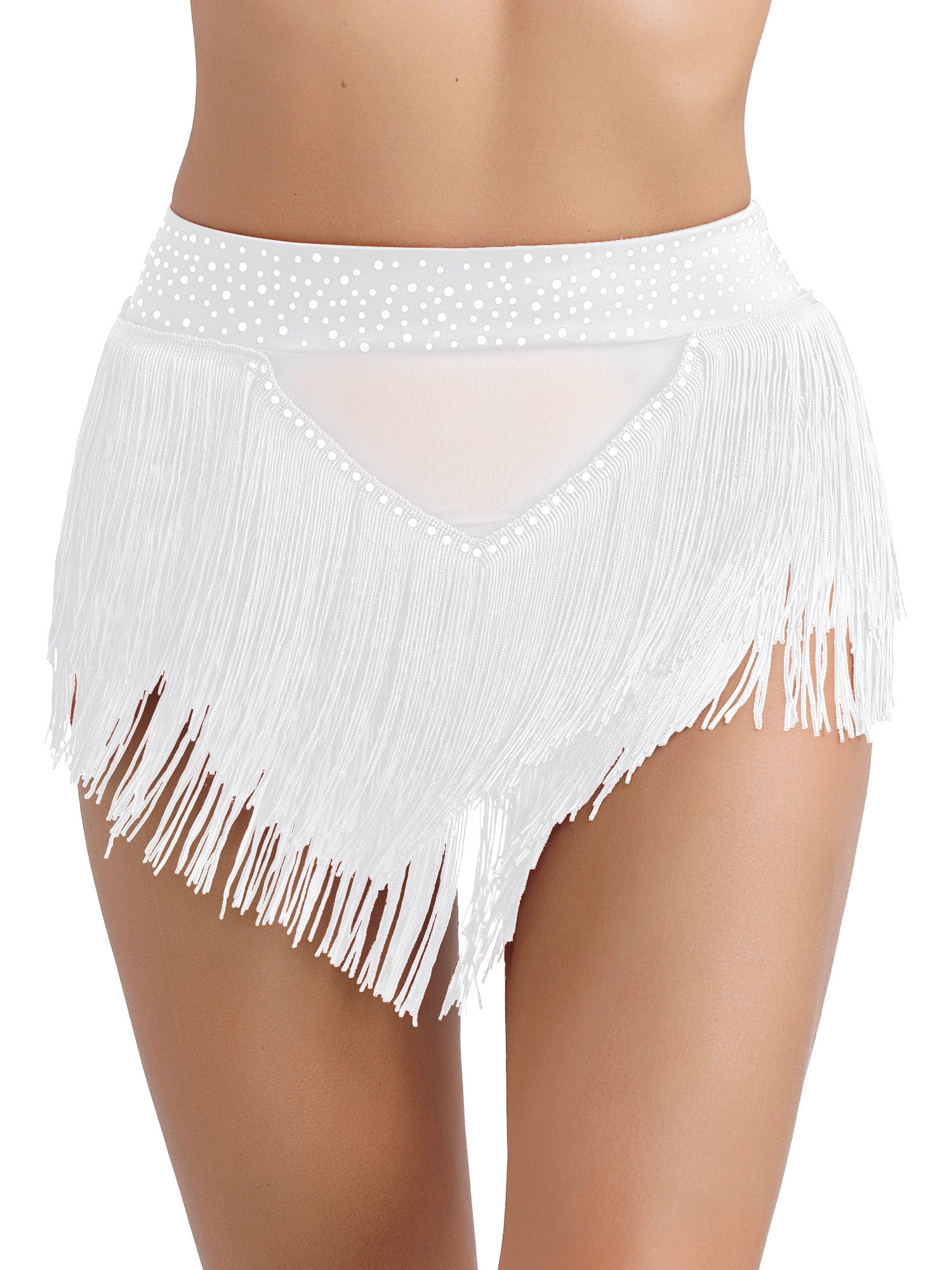 DPOIS Belly Dance Fringe Skirts for Women Sparkly Rhinestone Party