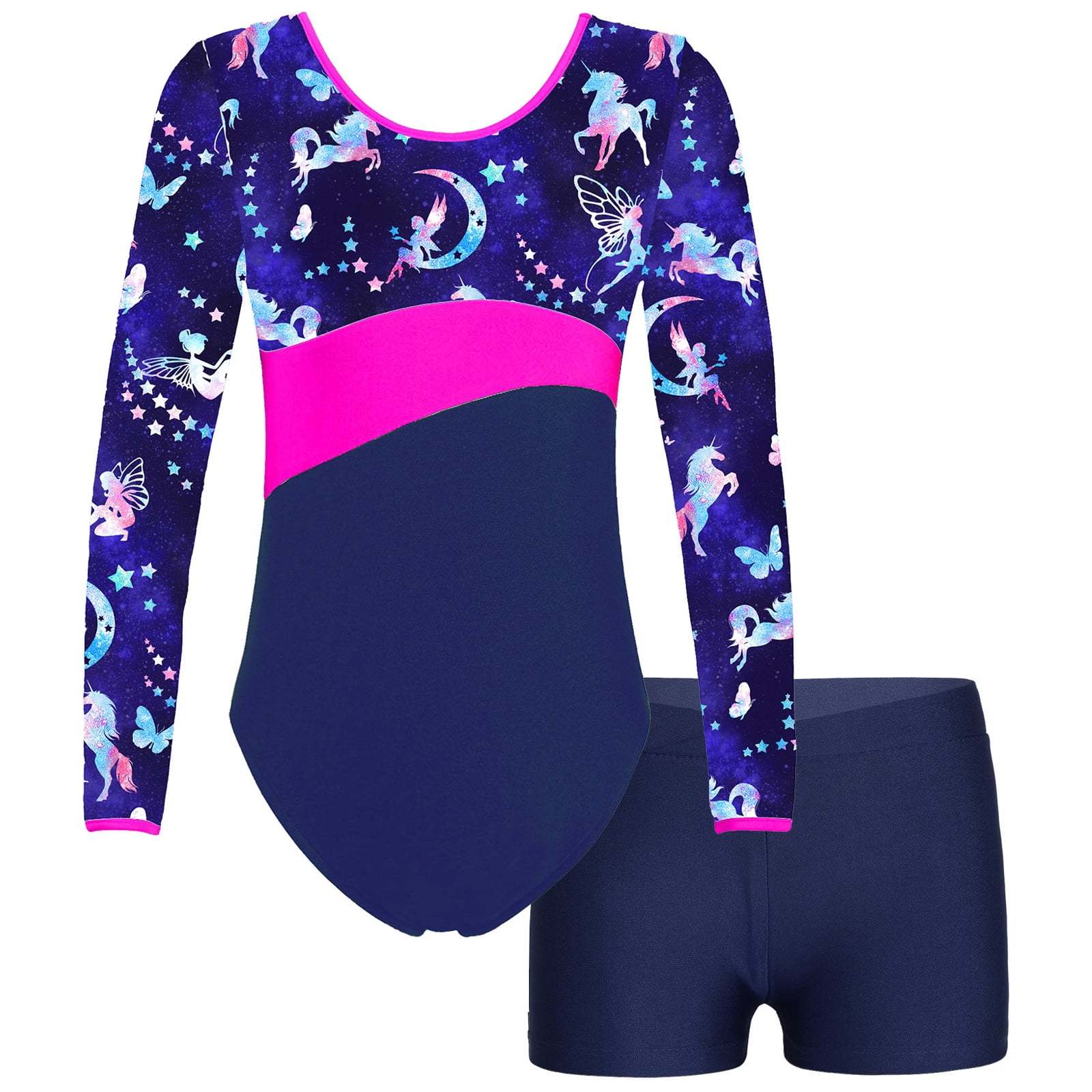 DPOIS Big Girls Gymnastics Biketard Shorts Set Printed Ballet Leotard ...