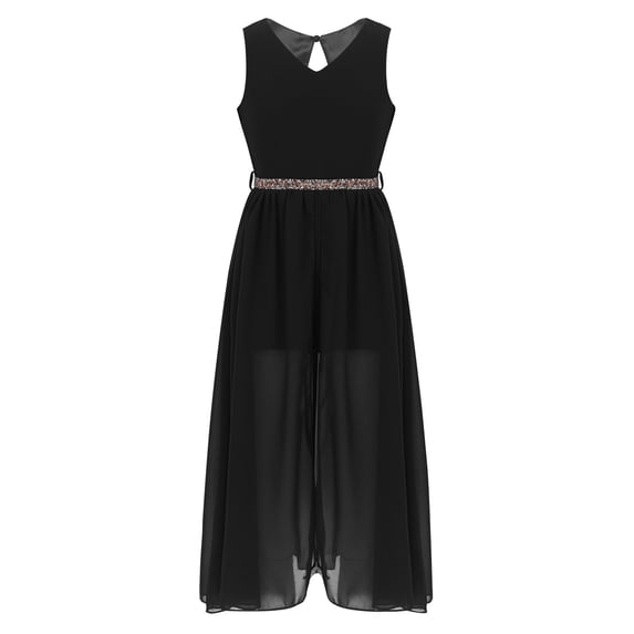 DPOIS Big Girls Junior V Neck Chiffon Long Party Wedding Prom Romper Gown Flower Girls Dress Black 4