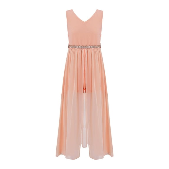 DPOIS Big Girls Junior V Neck Chiffon Long Party Wedding Prom Romper Gown Flower Girls Dress Coral Pink 12