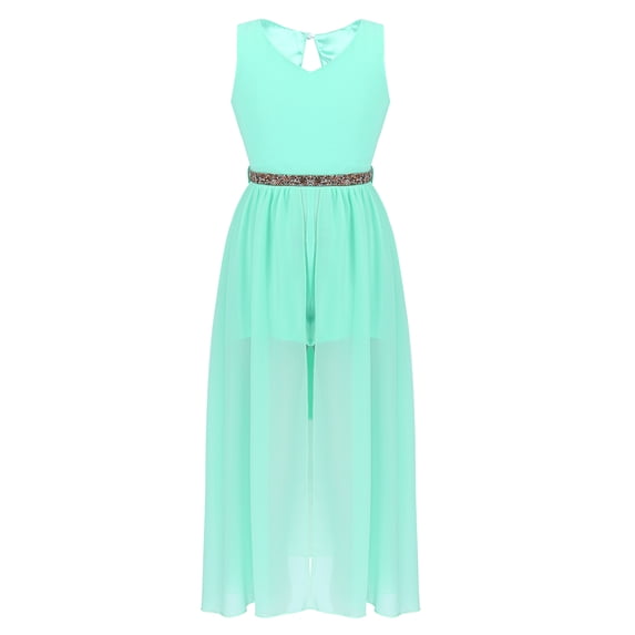 DPOIS Big Girls Junior V Neck Chiffon Long Party Wedding Prom Romper Gown Flower Girls Dress Mint_Green 16
