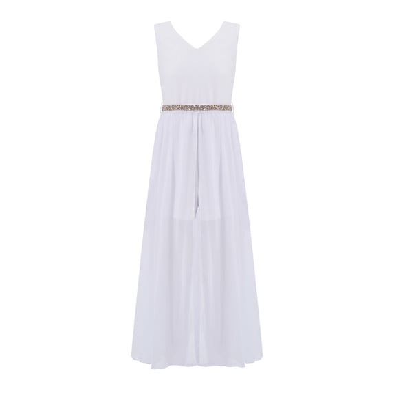 DPOIS Big Girls Junior V Neck Chiffon Long Party Wedding Prom Romper Gown Flower Girls Dress White 6