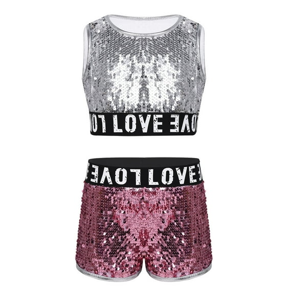 DPOIS Children Girls Hip-hop Jazz Shiny Sequins Sleeveless Crop Top with Shorts Set