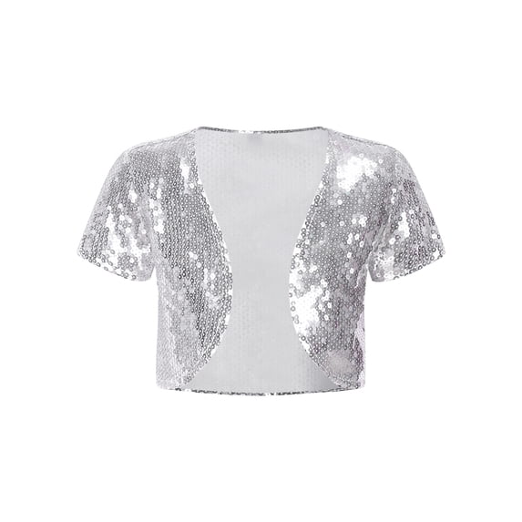 DPOIS DPOIS Girls Short Sleeve Sequin Open Front Bolero Shrug Jacket Silver 14