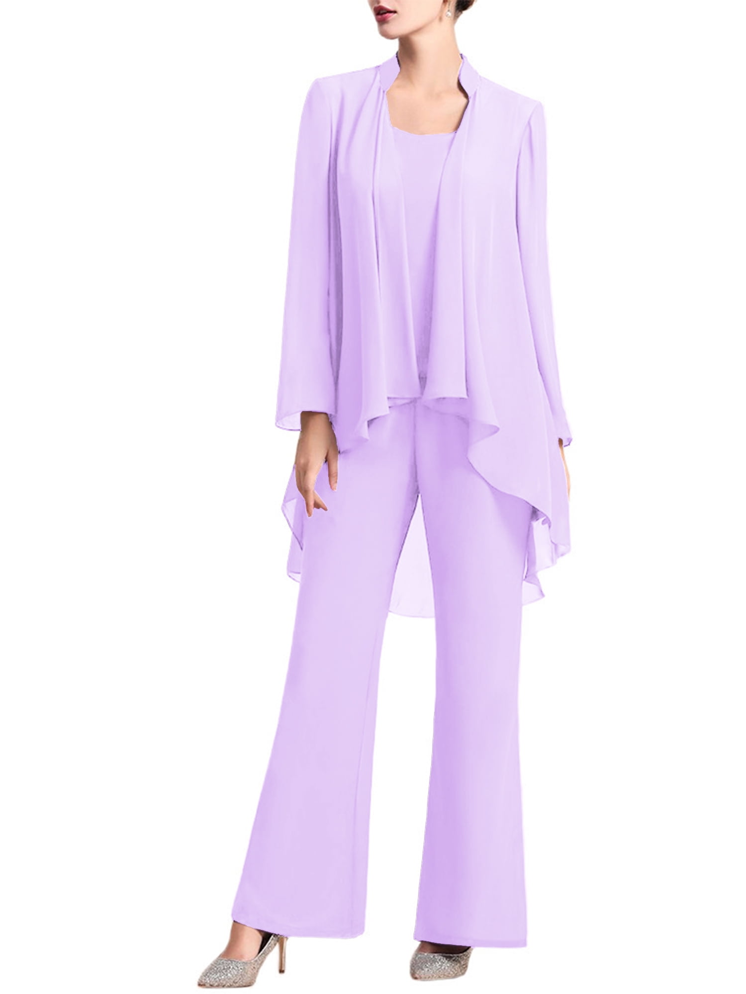 DPOIS Elegant Chiffon Formal Evening Party Suit Mother of the Bride  Pantsuits Lavender XL