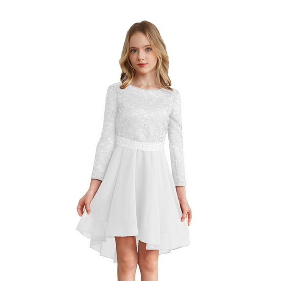 DPOIS Elegant Lace Flower Girl Dress Long Sleeve A-Line High Low Hem Junior Bridesmaid Dress Ivory 14