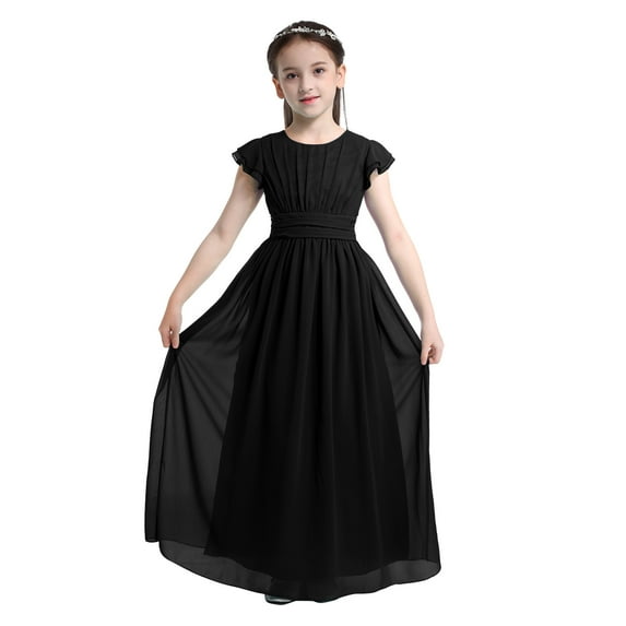 DPOIS Flower Girls Ruched Chiffon Weeding Bridesmaid Dresses Flutter Sleeves Pageant Prom Long Dress Black 6