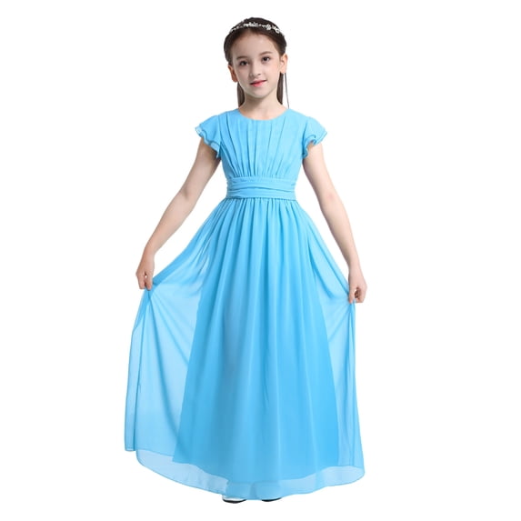 DPOIS Flower Girls Ruched Chiffon Weeding Bridesmaid Dresses Flutter Sleeves Pageant Prom Long Dress Blue 12