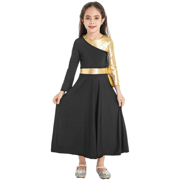 DPOIS Girl's Metallic Gold Color Block Praise Dance Dress Dancewear Black 6
