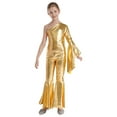 thumbnail image 1 of DPOIS Girl's One Shoulder Metallic Shiny Bell-Bottom Dance Jumpsuit Gold 14, 1 of 7