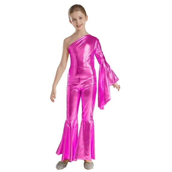DPOIS Girl's One Shoulder Metallic Shiny Bell-Bottom Dance Jumpsuit Hot Pink 6