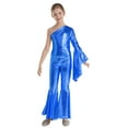 thumbnail image 1 of DPOIS Girl's One Shoulder Metallic Shiny Bell-Bottom Dance Jumpsuit Royal Blue 12, 1 of 7