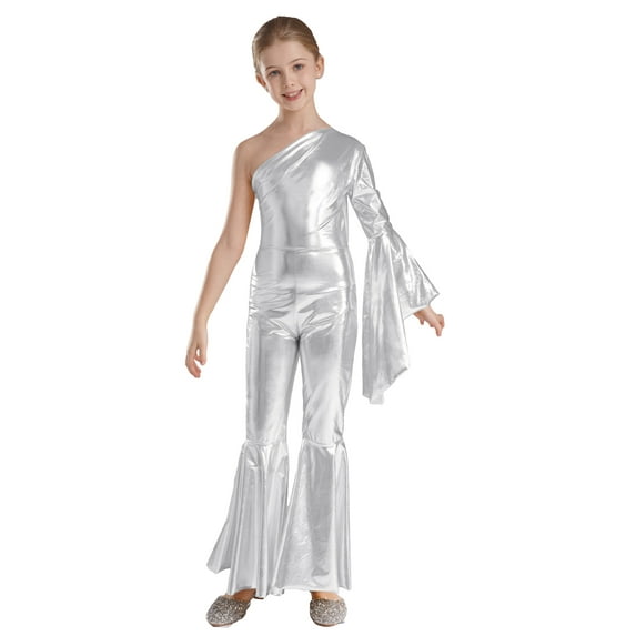 DPOIS Girl's One Shoulder Metallic Shiny Bell-Bottom Dance Jumpsuit Silver 12