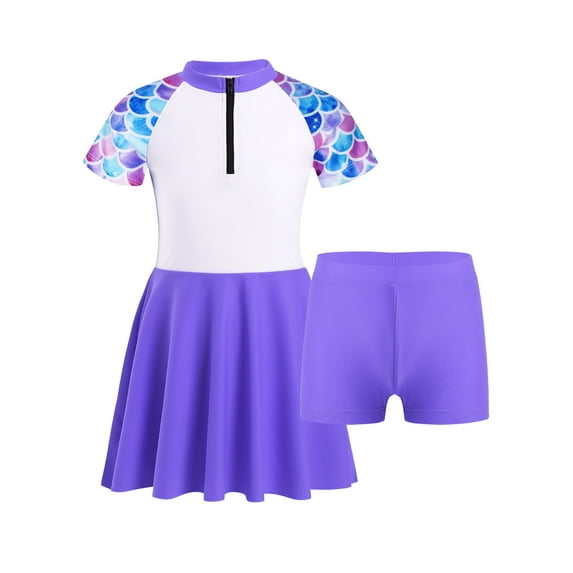 DPOIS Girls 2 Piece Swimwear Short Sleeve Swimdress Quick Dry Swimsuit Tankini Blue Fish Scales 10