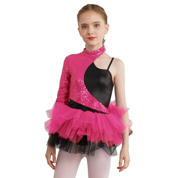 DPOIS Girls Asymmetrical Sleeves Ballet Leotard Dress Sequins Latin Jazz Dance Costume Hot Pink 6