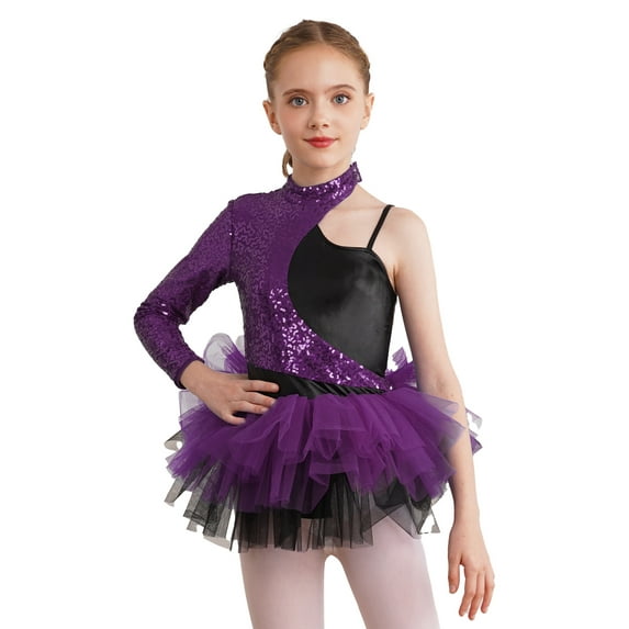 DPOIS Girls Asymmetrical Sleeves Ballet Leotard Dress Sequins Latin Jazz Dance Costume Purple 6