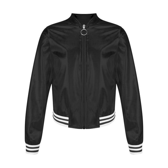 DPOIS Girls Boys Shiny Metallic Long Sleeve Bomber Jacket Coat Hip Hop Dance Top Black 12