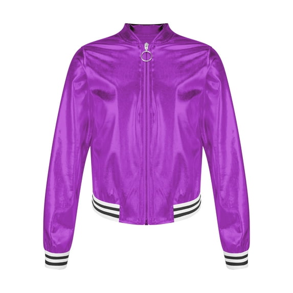 DPOIS Girls Boys Shiny Metallic Long Sleeve Bomber Jacket Coat Hip Hop Dance Top Purple 14
