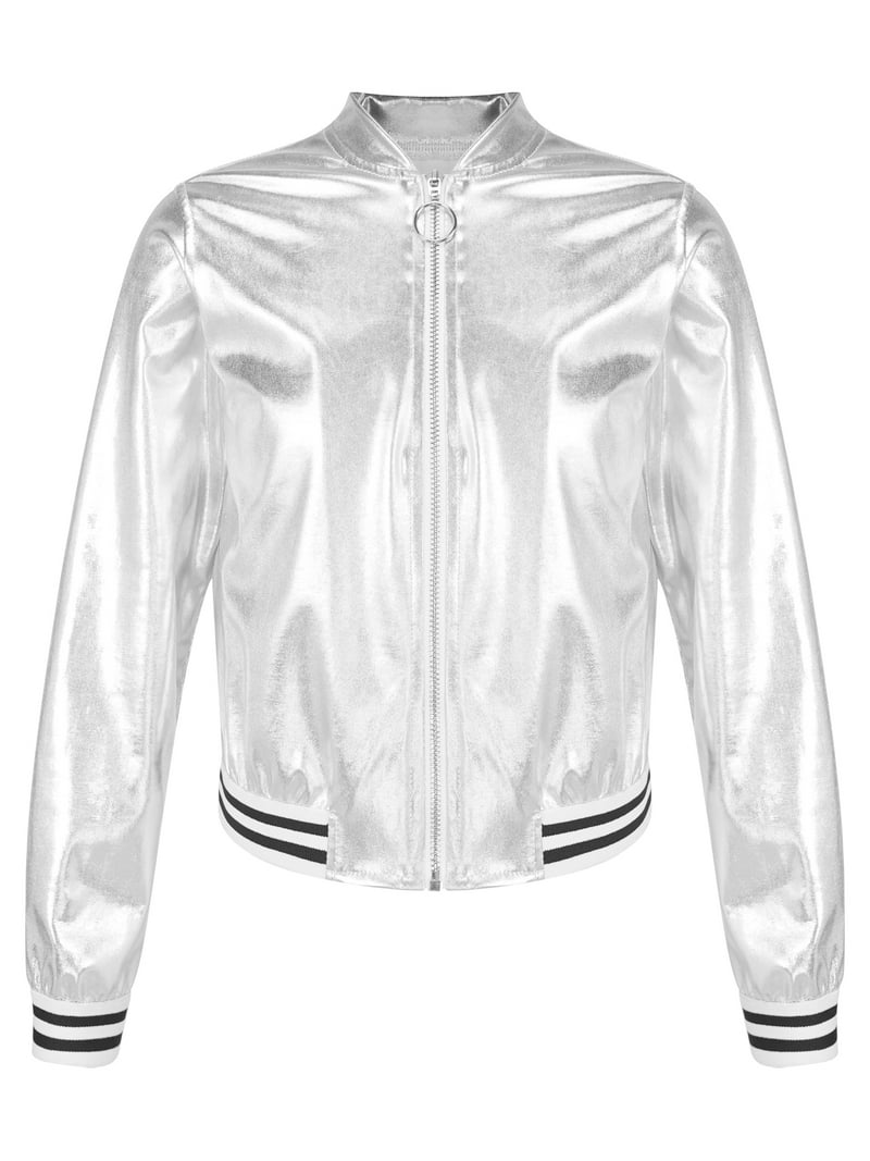 Dpois Girls Boys Shiny Metallic Bomber Jacket, Long Sleeve