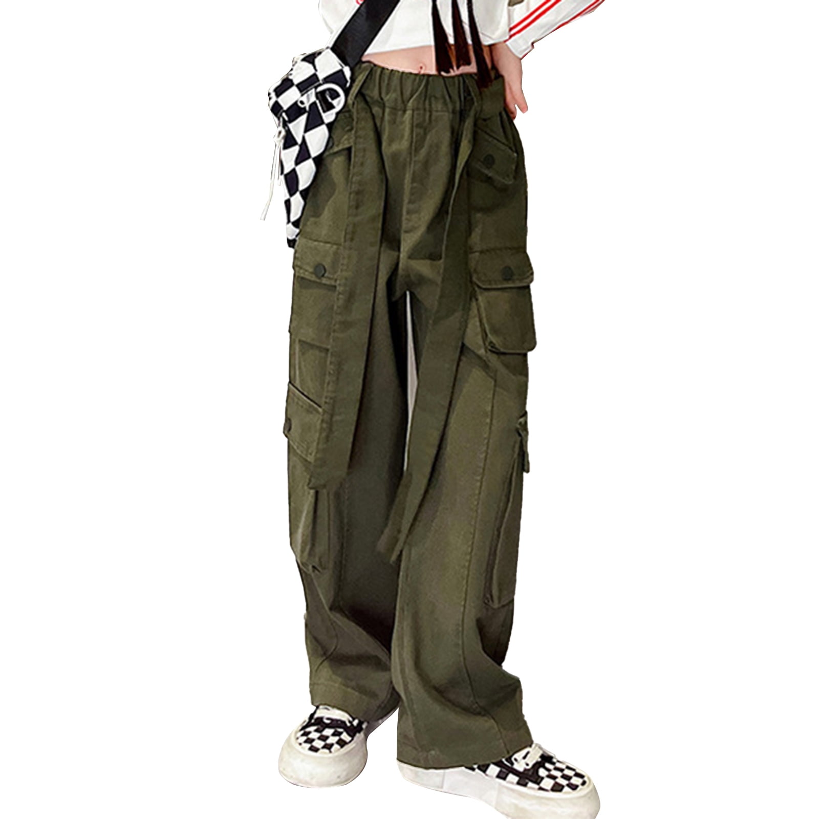 DPOIS Girls' Cargo Pants Wide Leg Jogger Pants Hip Hop Dance Trousers Army  Green 4-5