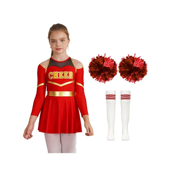 DPOIS Girls Cheer Leader Costume with Pompoms and Socks A Red 6