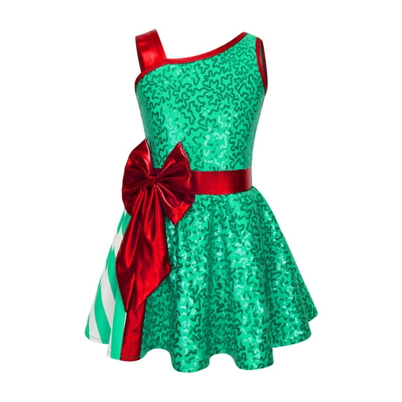 DPOIS Girls Christmas Santa Costume Sequin Shiny Tutu Dance Leotard Dress Xmas Elf Outfit Green 14