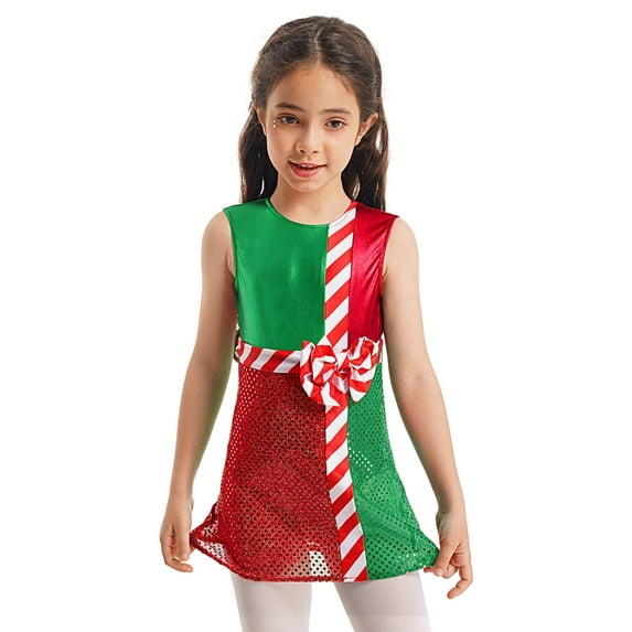 DPOIS Girls Christmas Santa Costume Sequin Shiny Tutu Dance Leotard Dress Xmas Elf Outfit Green-A 16