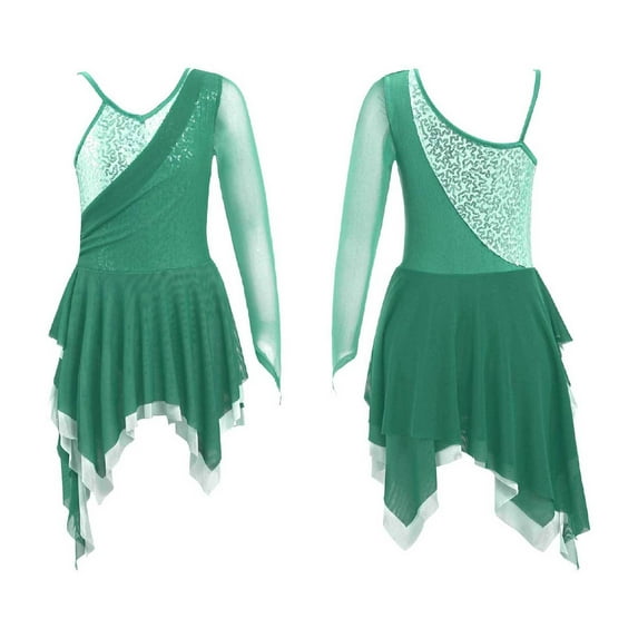 DPOIS Girls Dance Dress Sequin Mesh Splice Irregular Hem Leotard Dress