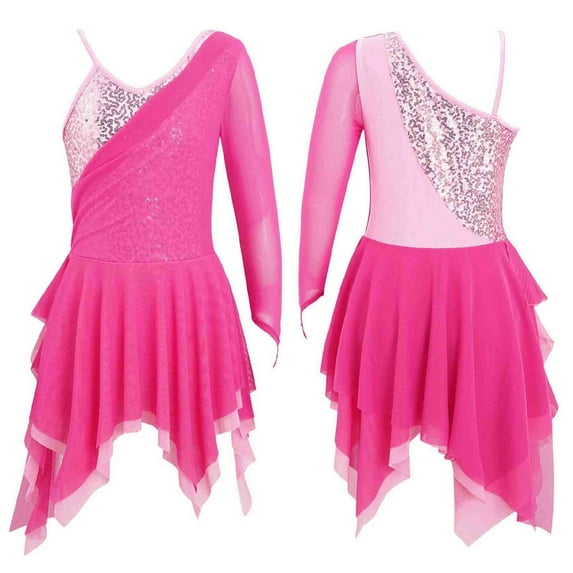 DPOIS Girls Dance Dress Sequin Mesh Splice Irregular Hem Leotard Dress