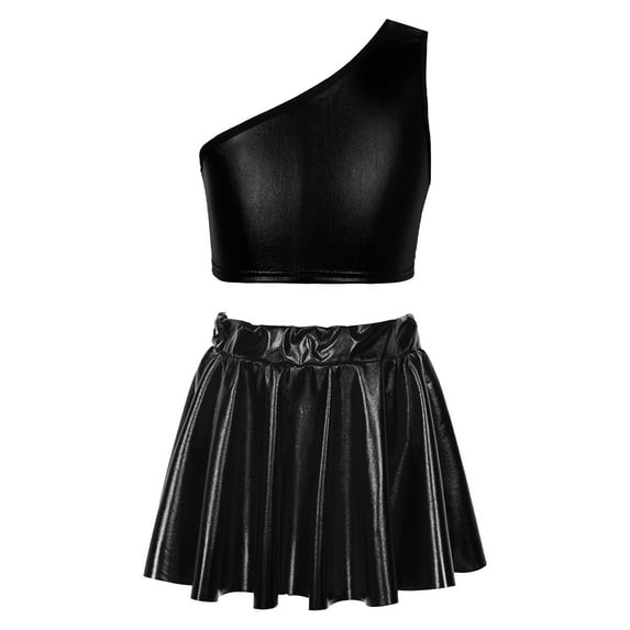 DPOIS Girls Dance Skirt Outfits Shiny Metallic Single Shoulder Crop Top with Skirt Set