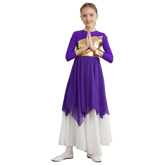 DPOIS Girls Full Length Praise Dance Dress Liturgical Robe Lyrical Dancewear Purple 12