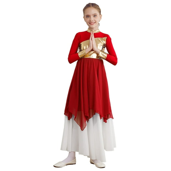 DPOIS Girls Full Length Praise Dance Dress Liturgical Robe Lyrical Dancewear Red 8
