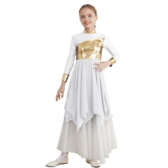 DPOIS Girls Full Length Praise Dance Dress Liturgical Robe Lyrical Dancewear White 14