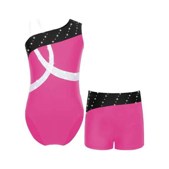 DPOIS Girls Gymnastics Leotard with Shorts Ballet Dance Unitard Activewear Hot Pink 14