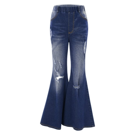 DPOIS Girls Jeans Denim Elastic Wasit Wide Leg Ruffle Flare Hem Pants Ripped Jeans Dark Blue 16