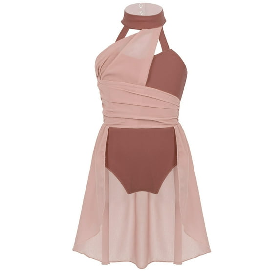 DPOIS Girls Kids Color Block Lyrical Ballet Dance Leotard Dress Dusty Pink 8