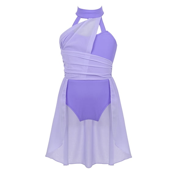 DPOIS Girls Kids Color Block Lyrical Ballet Dance Leotard Dress Lavender 16
