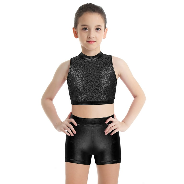 DPOIS Girls Kids Jazz Hip Hop Dancewear Shiny Sequins Crop Top Shorts Set  Black 8