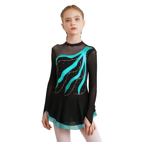 DPOIS Girls Kids Rhinestone Long Sleeve Figure Ice Skating Dress Lake Green 6