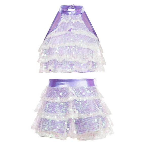 DPOIS Girls Kids Sequins Halter-Neck Dance Crop Top with Tutu Skirt Lavender 14