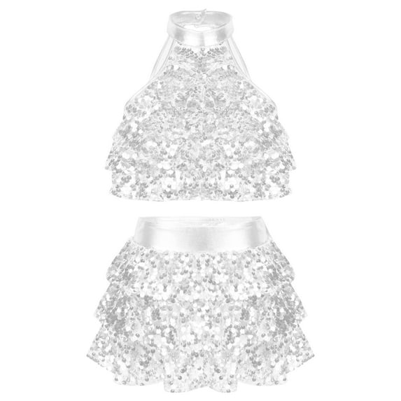 DPOIS Girls Kids Sequins Halter-Neck Dance Crop Top with Tutu Skirt Silver 11-12