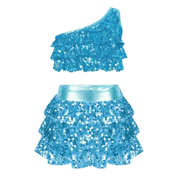DPOIS Girls Kids Shiny Sequins Crop Top with Culottes Latin Jazz Hip Hop Performance Costume Sky Blue 14