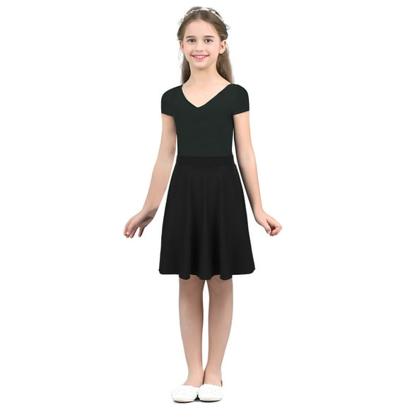 DPOIS Girls Knee Length High Waist A-Line Pleated Skater Skirt Black 16